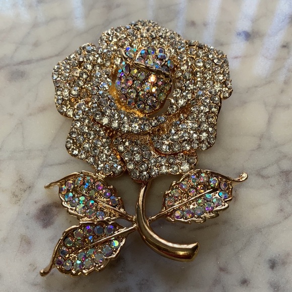 NWT Large Rose Brooch Pin White Rhinestones 3” - Picture 6 of 6
